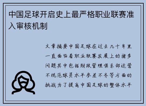 中国足球开启史上最严格职业联赛准入审核机制